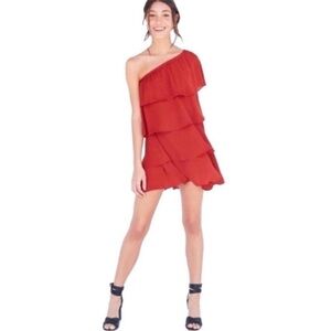Urban Outfitters x Alice Iseult One Shoulder Tiered Mini Dress Terra Cotta